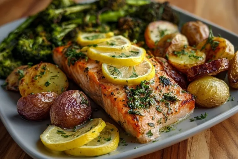 Lemon butter salmon served with crispy potatoes and roasted broccoli