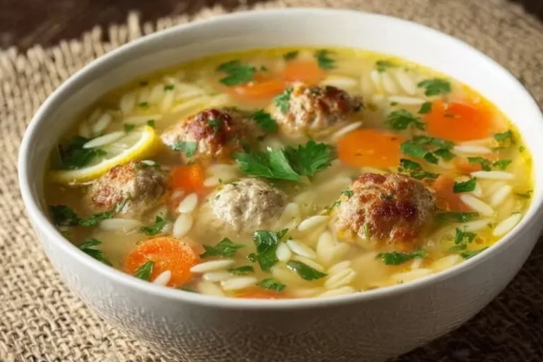 A bowl of Lemon Orzo Meatball Soup garnished with fresh herbs and lemon slices.