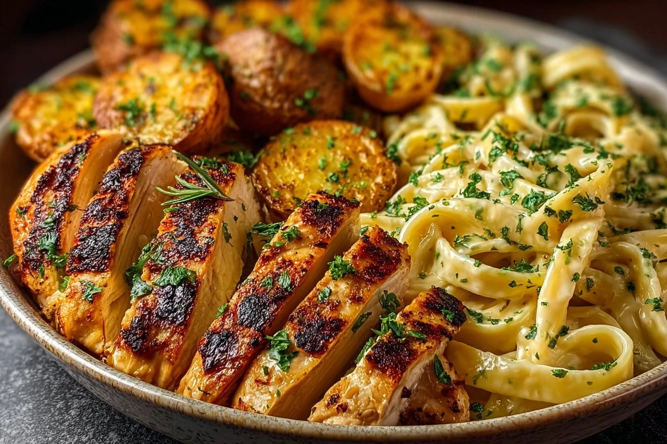 Loaded herb grilled chicken with creamy pesto pasta and roasted potatoes