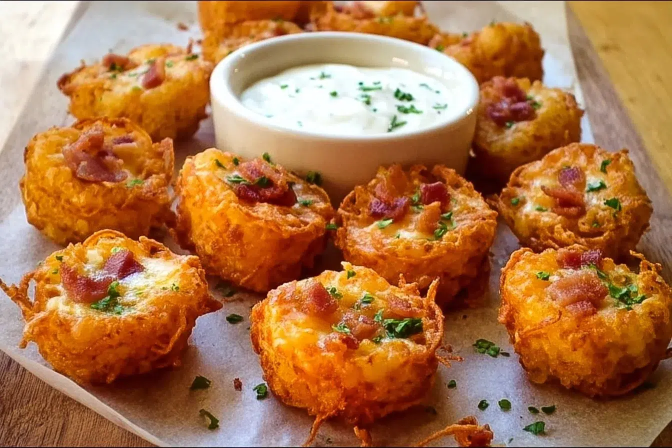 Plate of flavorful loaded tater tots topped with cheese, bacon, and green onions