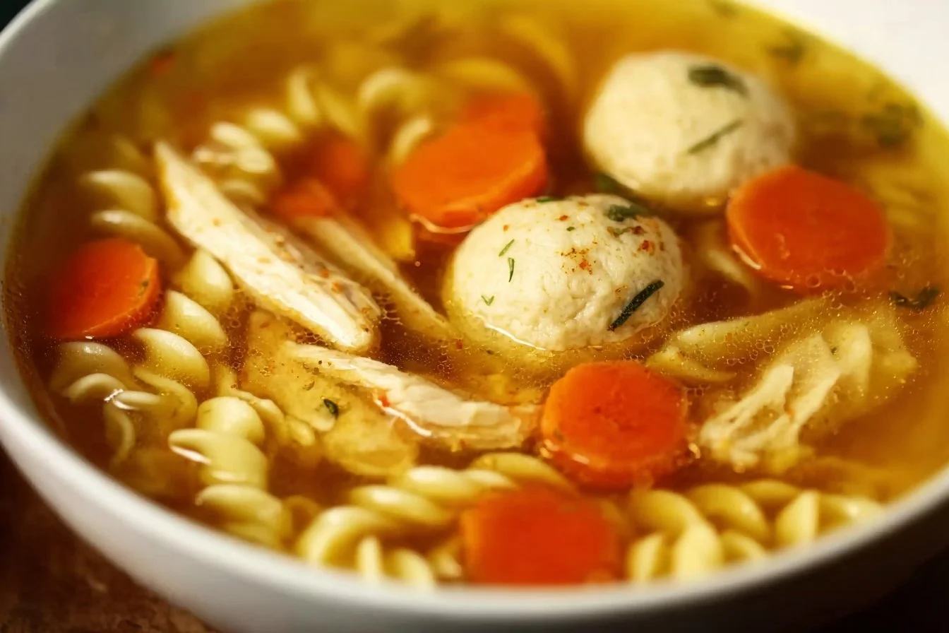 Bowl of Matzo Ball Soup with fluffy matzo balls and fresh herbs