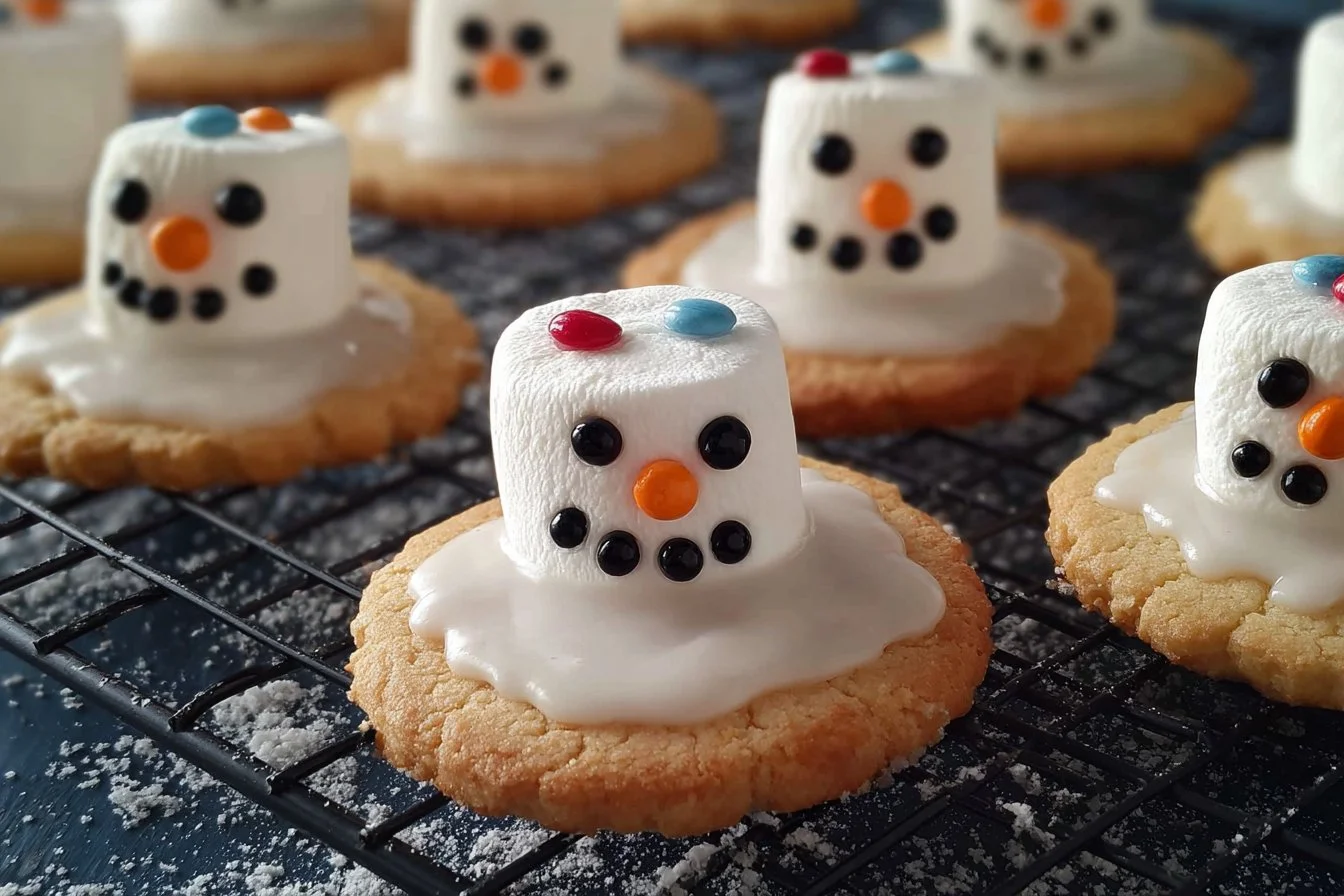 Melted snowman biscuits decorated with icing and candy for a fun holiday treat