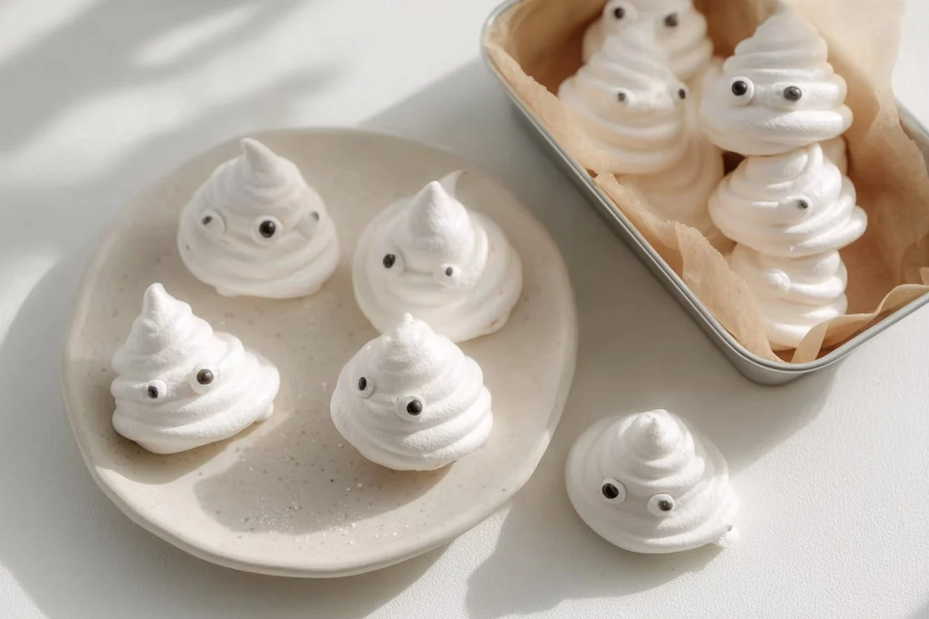 Meringue Ghost Cookies decorated for Halloween