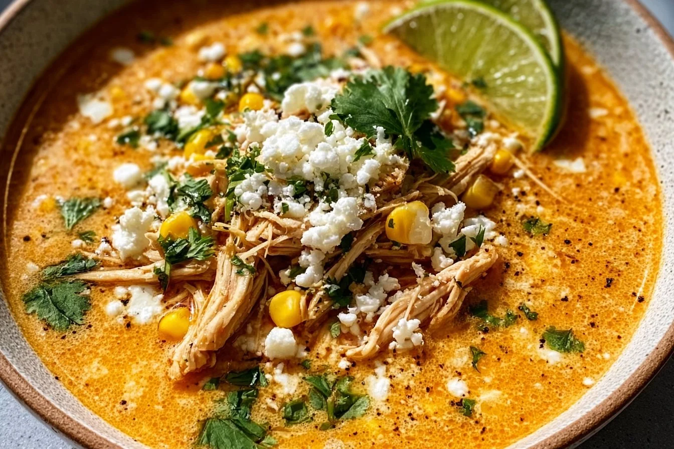 Mexican Street Corn Soup garnished with cilantro and lime.