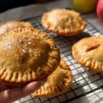 Mini apple pies with golden crust and apple filling on a wooden table