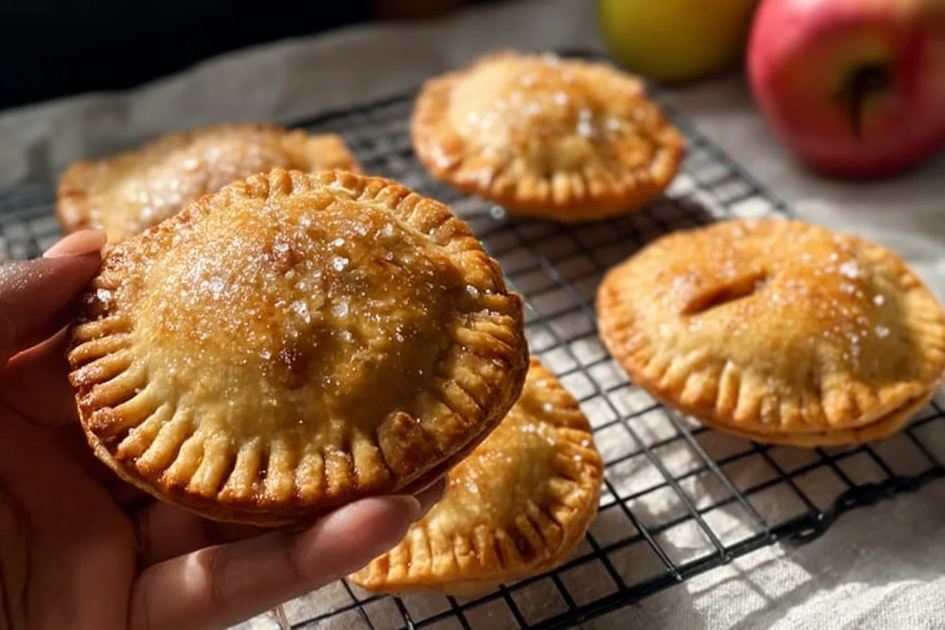 Mini apple pies with golden crust and apple filling on a wooden table