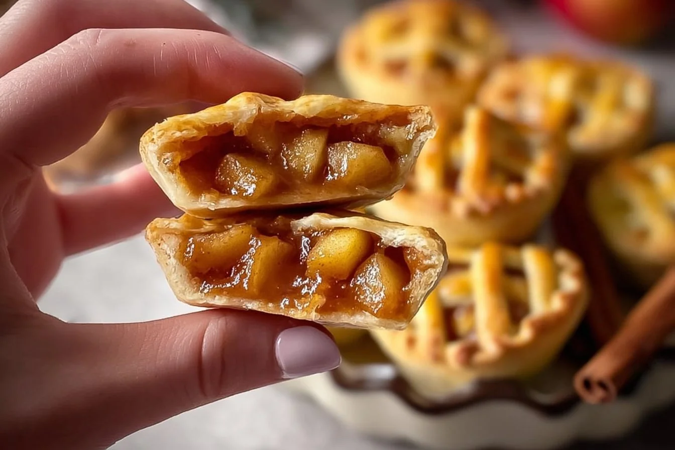 Freshly baked mini apple pies topped with cinnamon and flaky crust