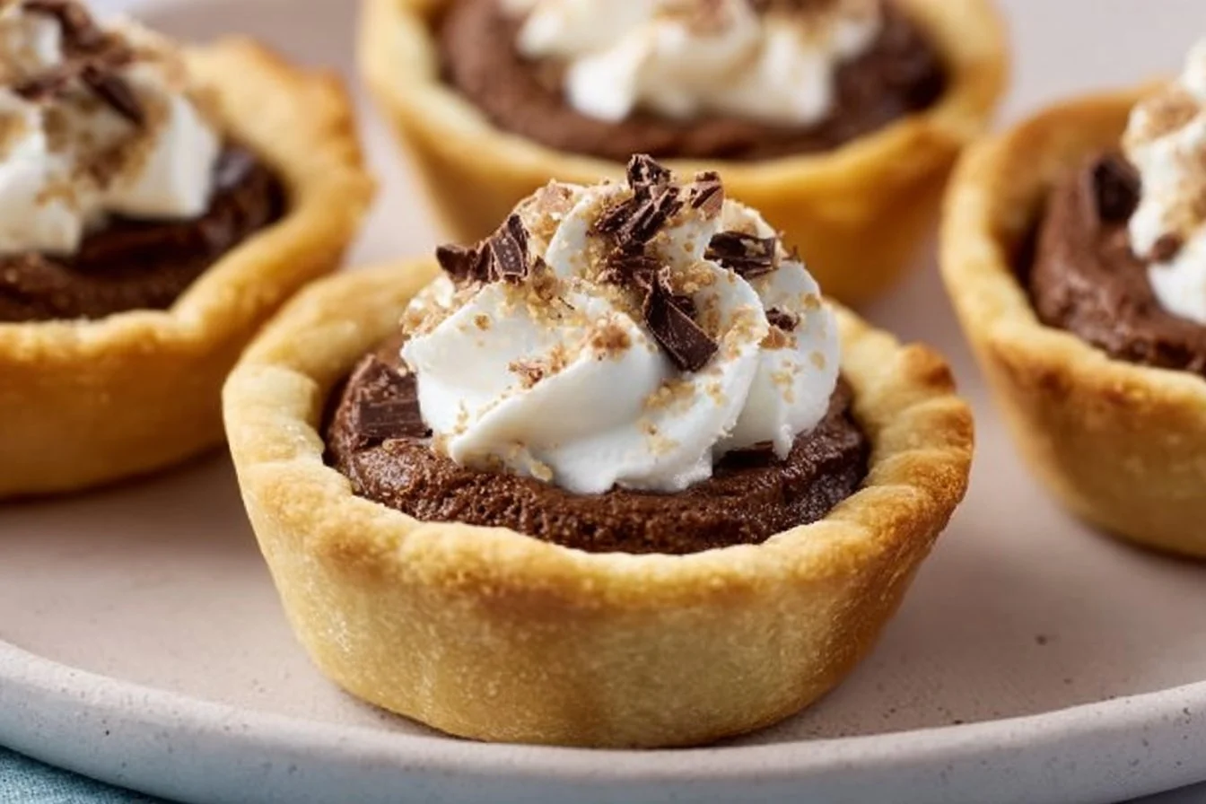 Delicious mini chocolate pies topped with whipped cream and chocolate shavings