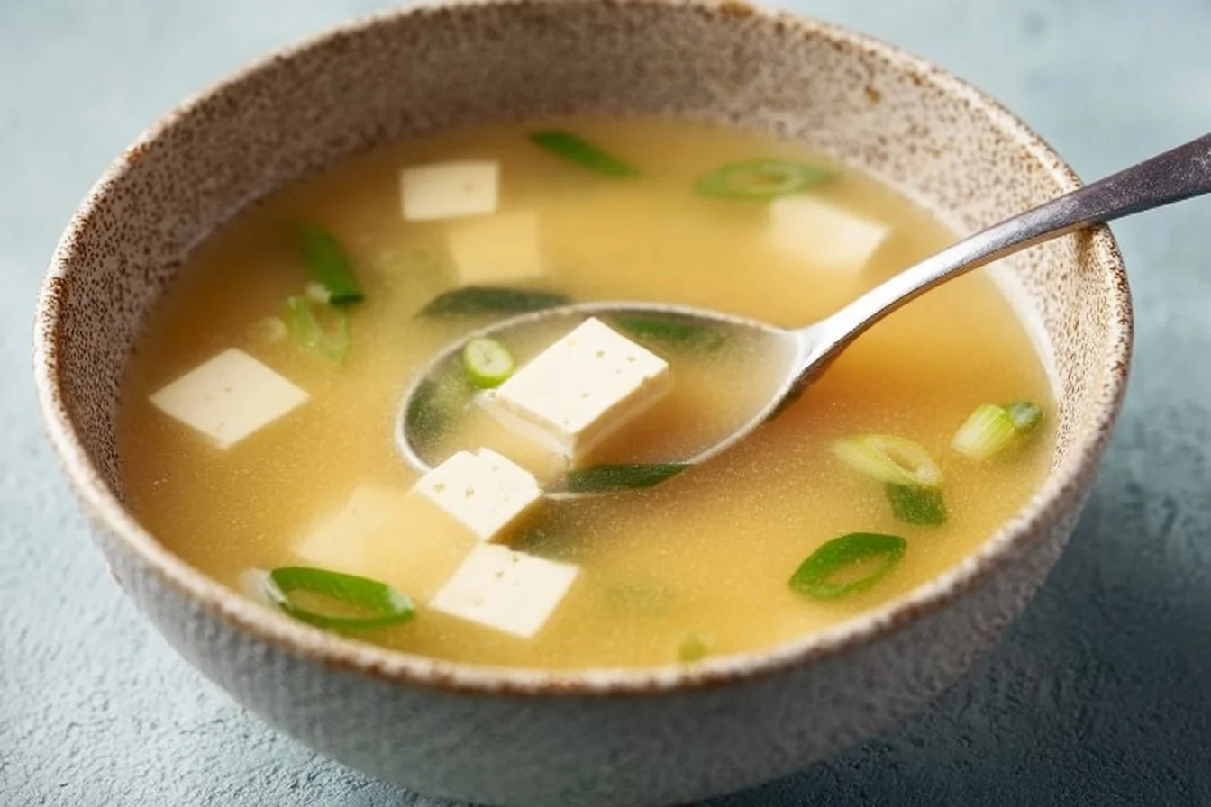 Bowl of flavorful miso soup with tofu and green onions
