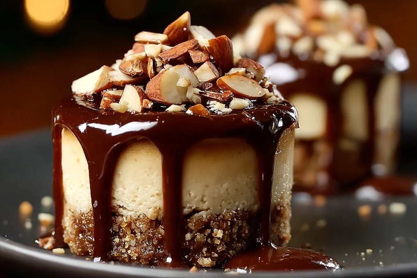 No-Bake Turtle Mini Cheesecakes topped with chocolate and caramel