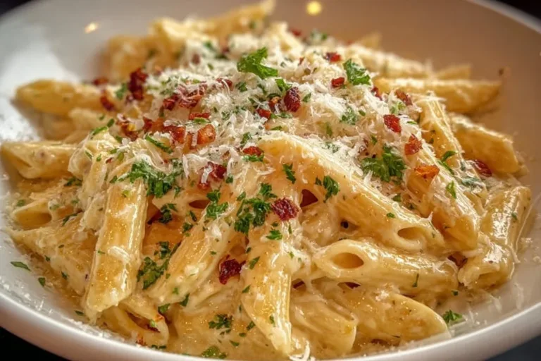 One pot creamy garlic pasta dish with herbs and cheese, perfect for quick meals.