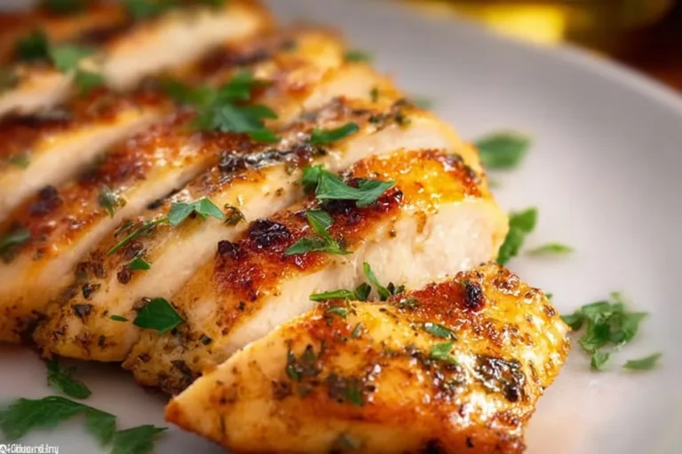 Juicy oven baked chicken breast on a plate garnished with herbs