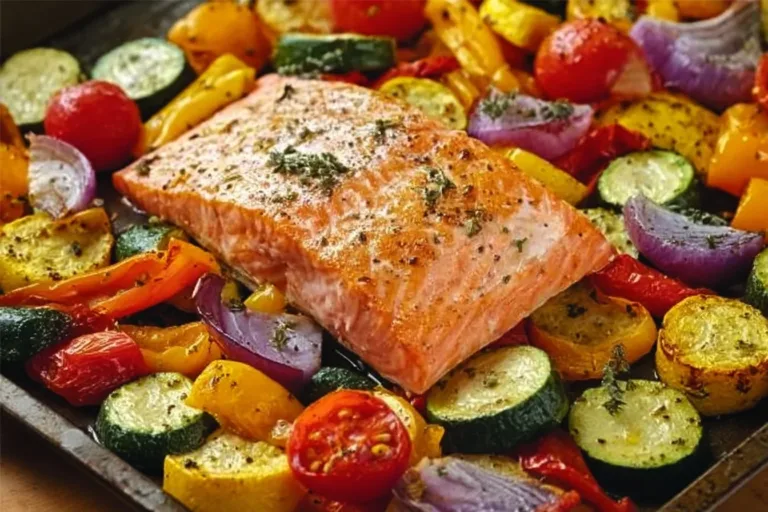 Oven-baked salmon served with broccoli and bell peppers on a plate