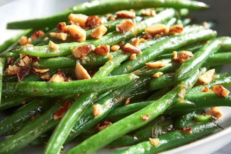 Oven-roasted green beans with almonds served in a bowl