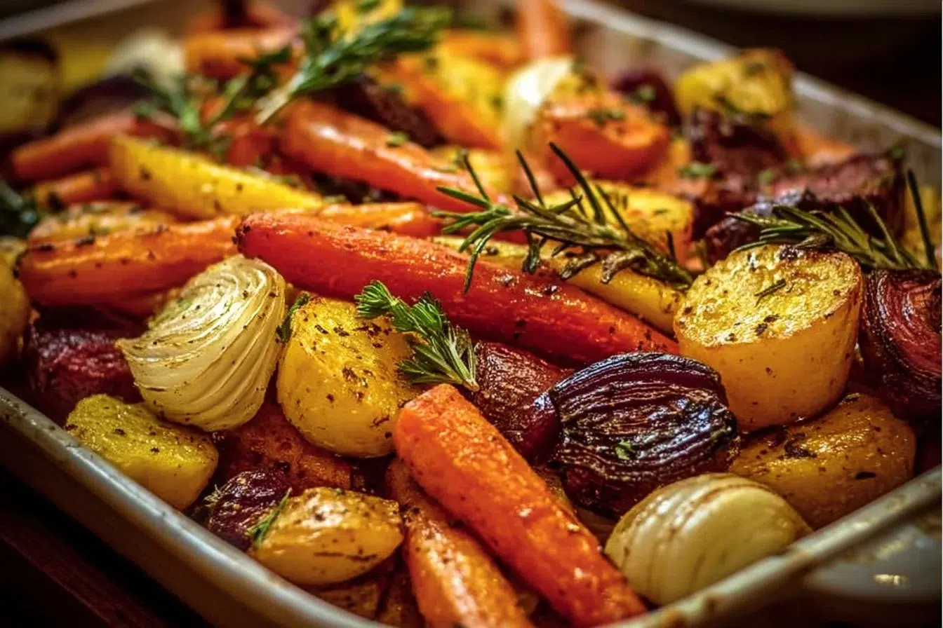 Plate of oven roasted root vegetables including carrots, potatoes, and beets.
