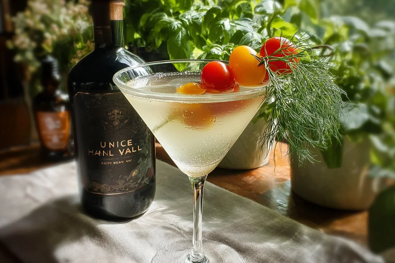 A vibrant Pickled & Dirty Tomato Martini garnished with herbs and olives.