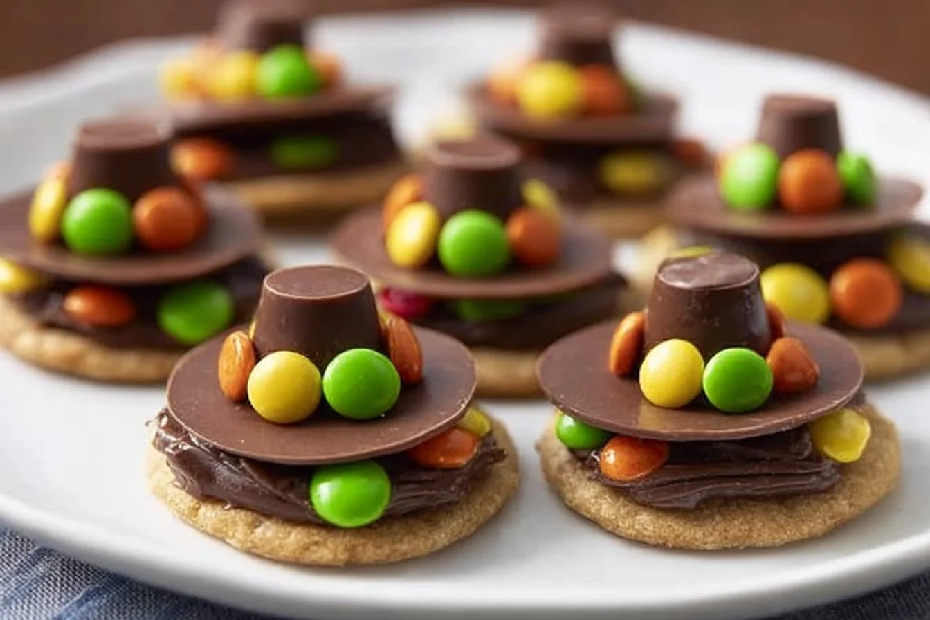 Decorated pilgrim hat cookies for Thanksgiving
