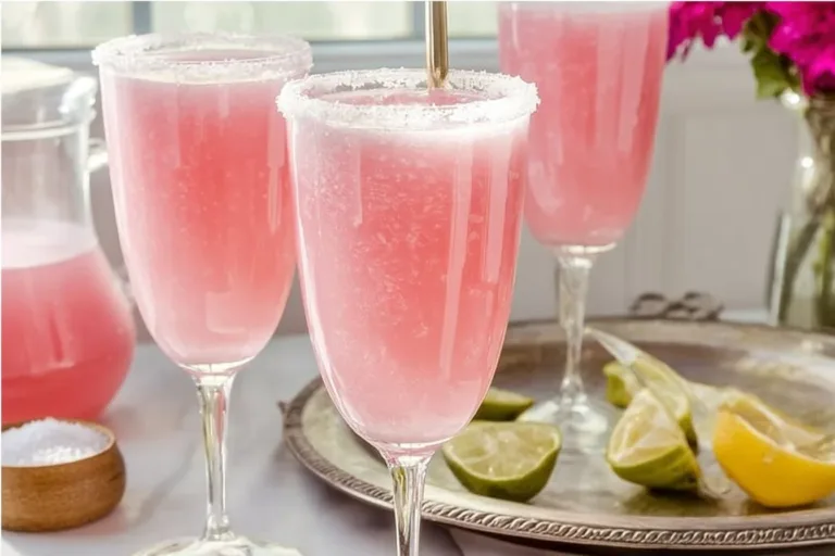 Delicious pink lemonade champagne margaritas garnished with fresh citrus fruits