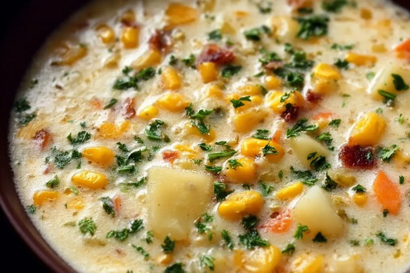 Bowl of creamy Potato Corn Chowder with corn kernels and herbs