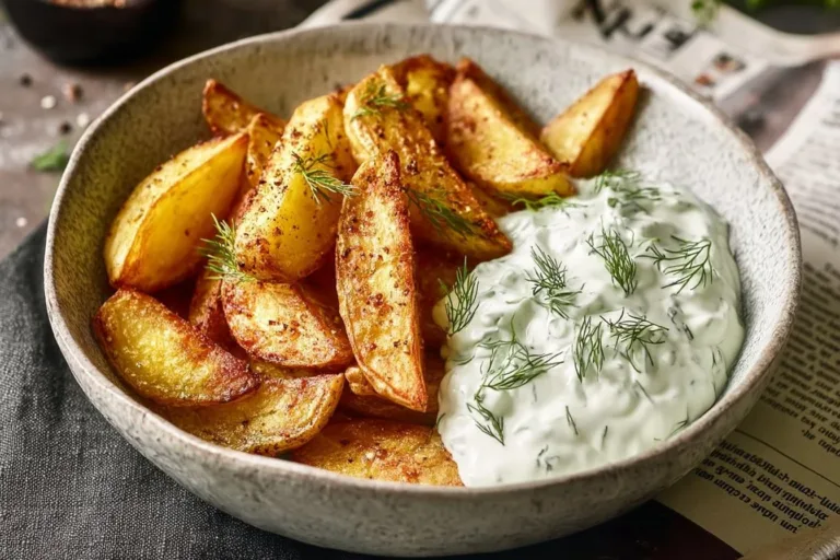 Delicious potato wedges served with a creamy cucumber dip