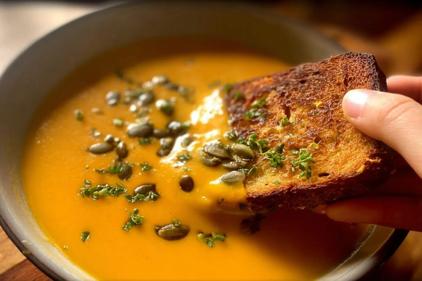 Bowl of protein-packed butternut squash soup topped with herbs