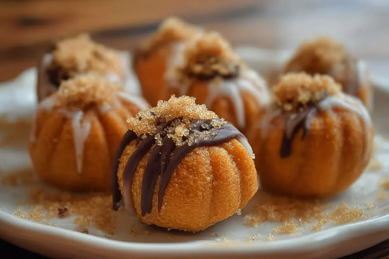 Delicious pumpkin cheesecake truffles dusted with cinnamon and nutmeg.