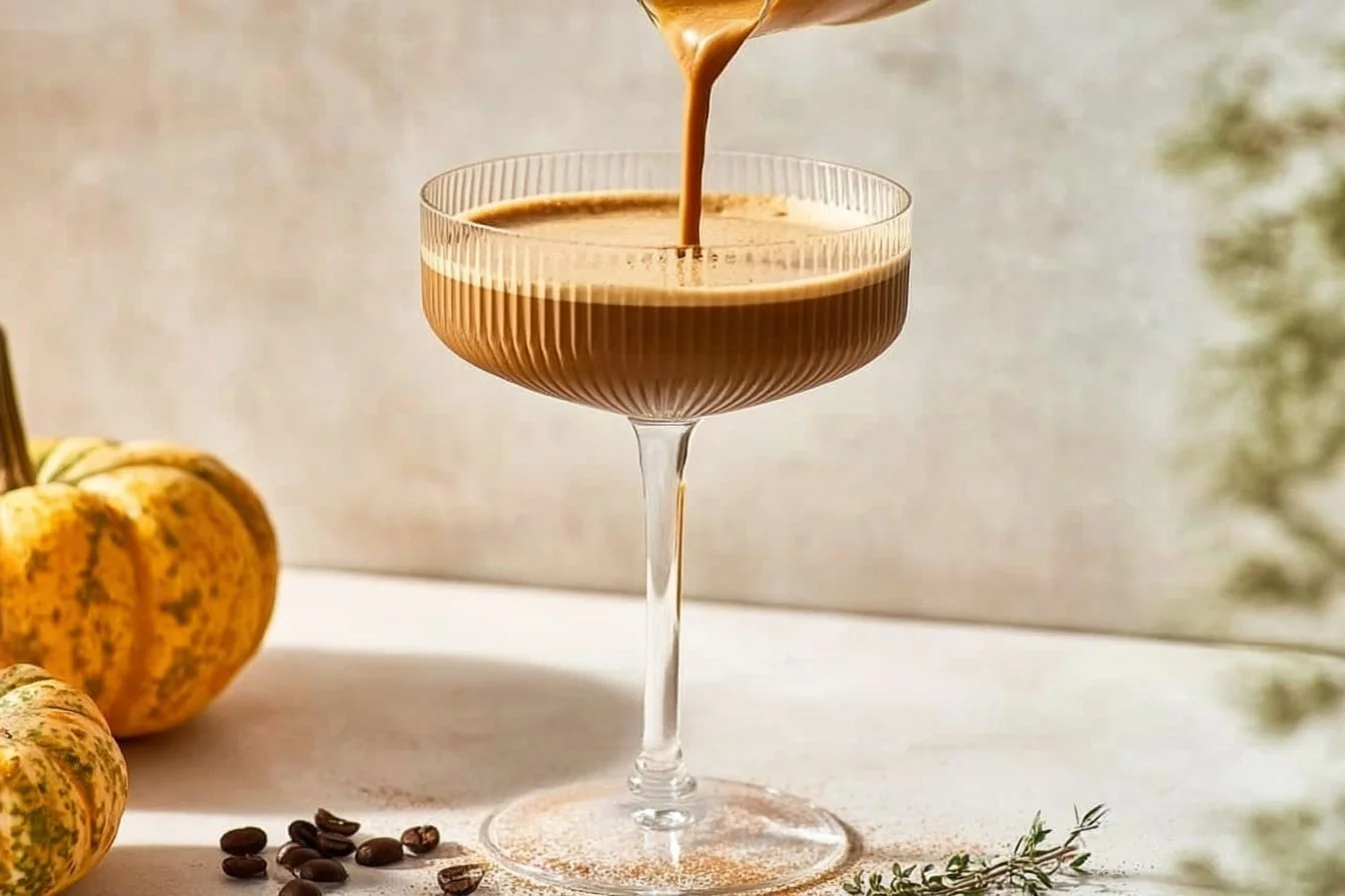 Delicious Pumpkin Spice Espresso Martini garnished with cinnamon and coffee beans