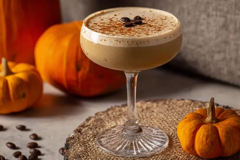 Pumpkin Spice Espresso Martini cocktail decorated with cinnamon and a fall theme