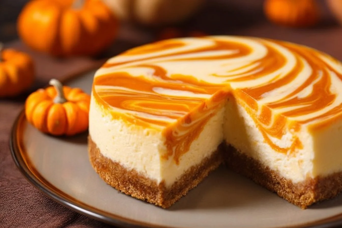 Delicious Pumpkin Swirl Cheesecake Recipe Card with rich pumpkin flavor and creamy texture