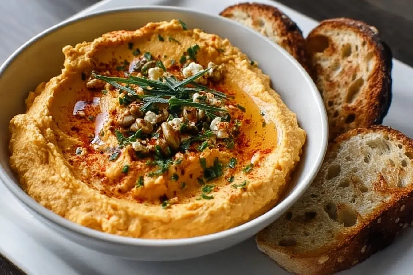 Pumpkin whipped feta dip served in a bowl with crackers and pumpkin seeds