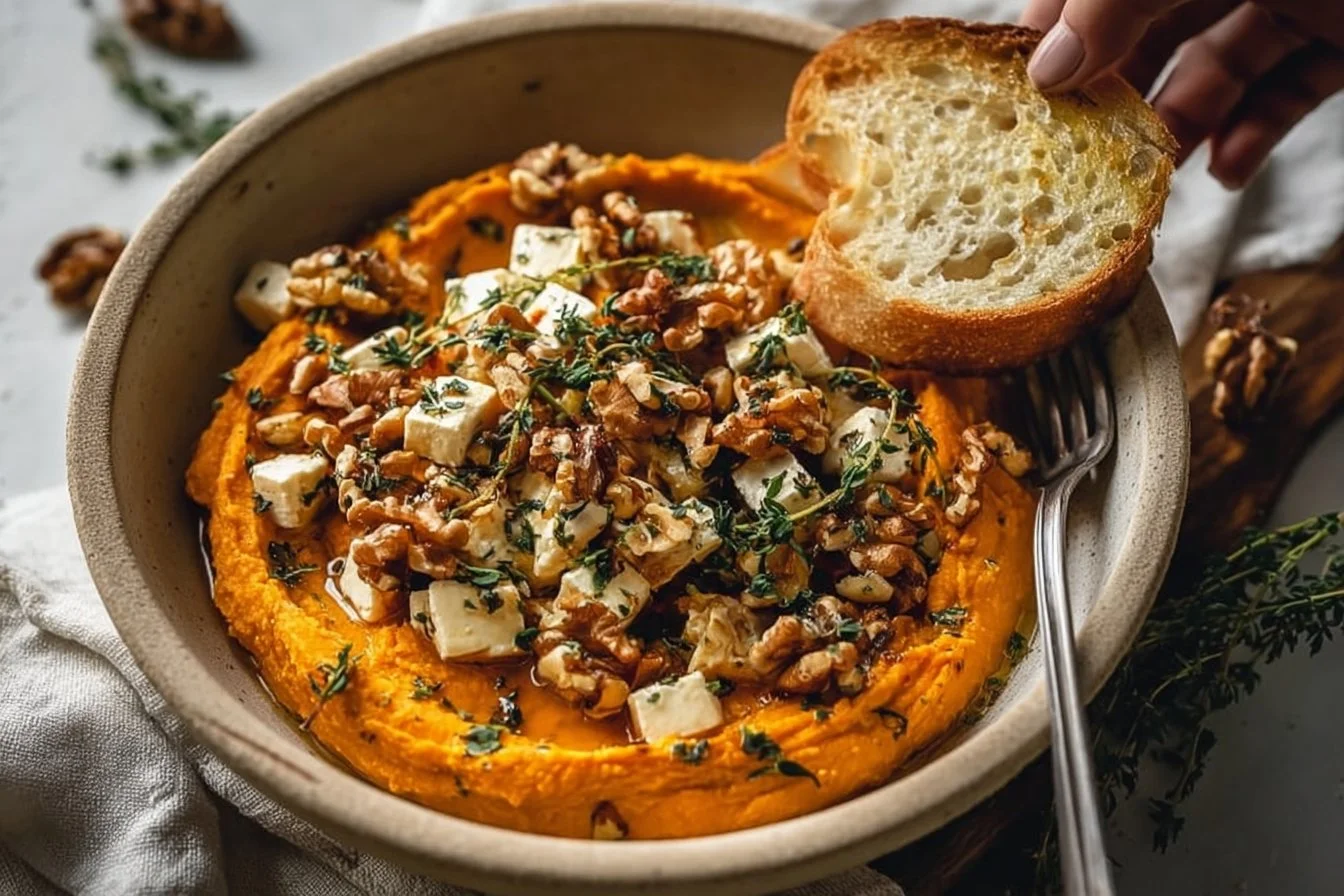 Pumpkin feta dip served in a bowl with fresh herbs on top