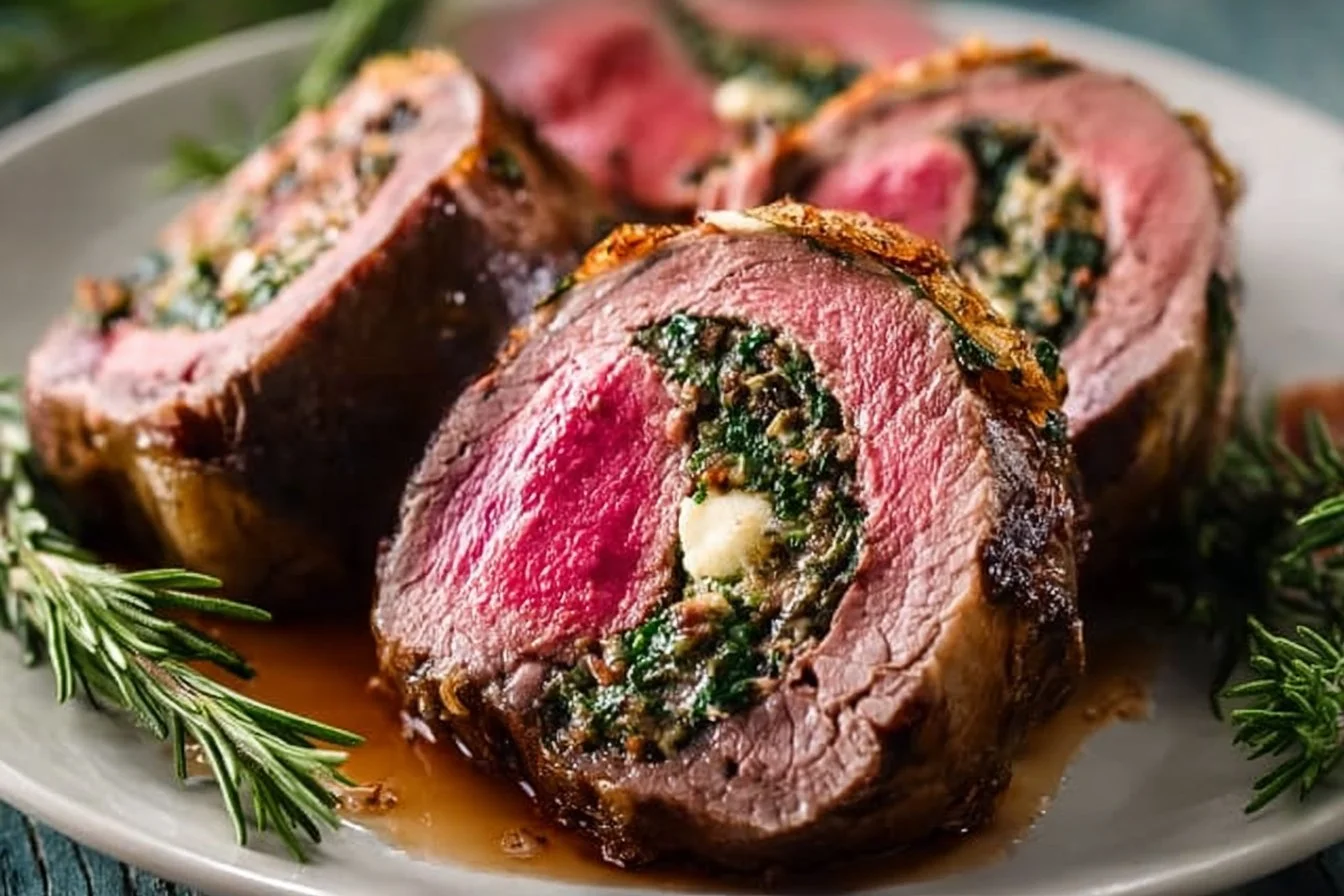 Delicious Quick Christmas Stuffed Beef Tenderloin ready to serve for festive meals.