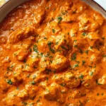 Delicious homemade butter chicken served with rice and garnished with cilantro