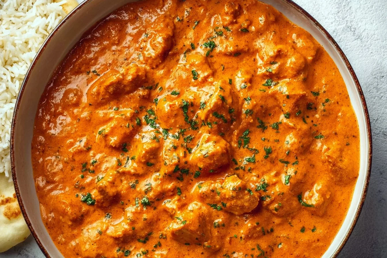 Delicious homemade butter chicken served with rice and garnished with cilantro