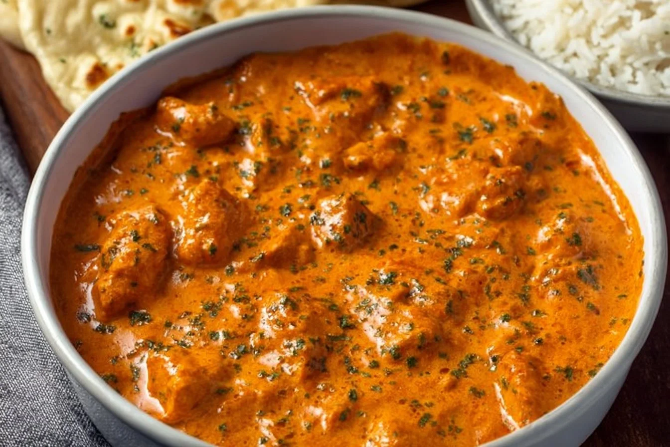 Delicious homemade butter chicken served with rice and garnished with cilantro