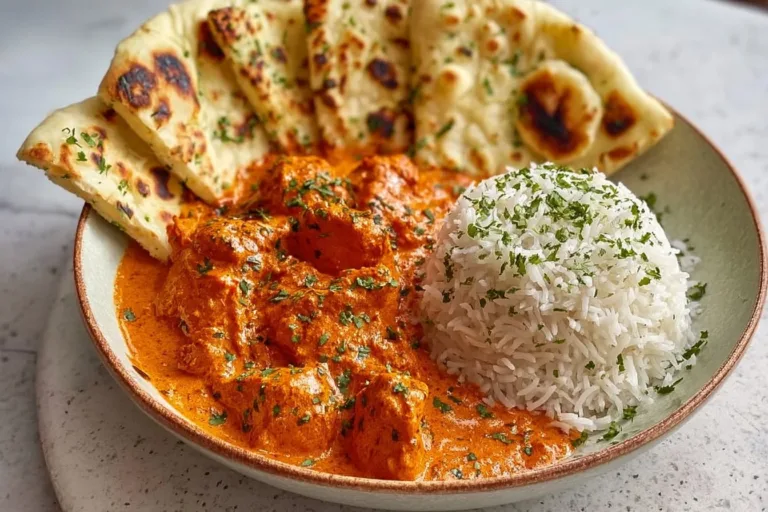 Delicious homemade butter chicken served with naan and rice