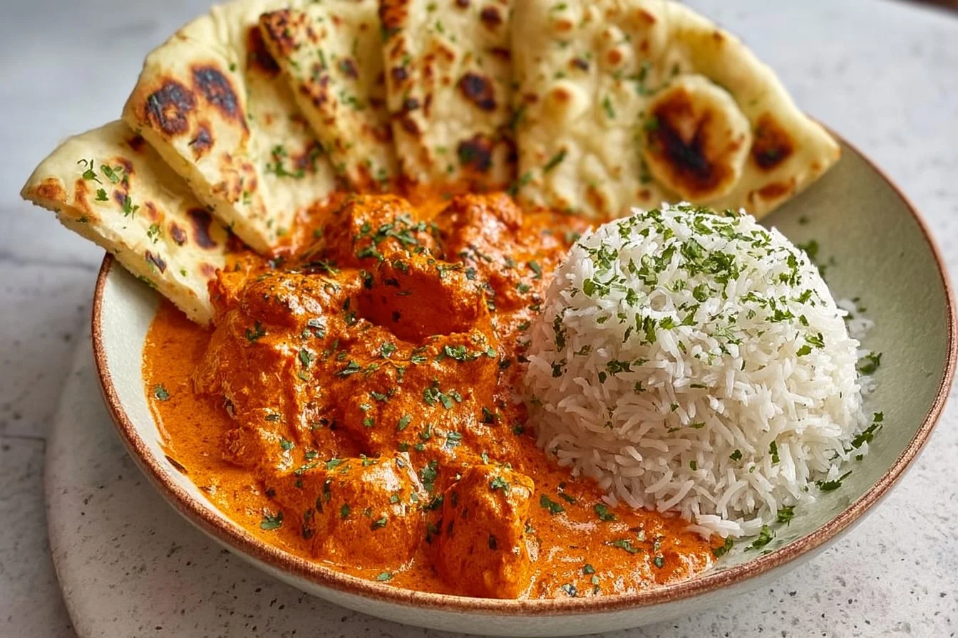 Delicious homemade butter chicken served with naan and rice