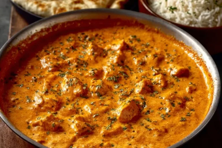 Delicious homemade butter chicken served with rice and garnished with cilantro.
