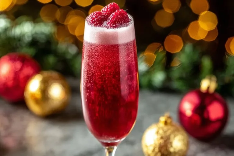 Raspberry Champagne Bellini cocktail served in a glass with fresh raspberries
