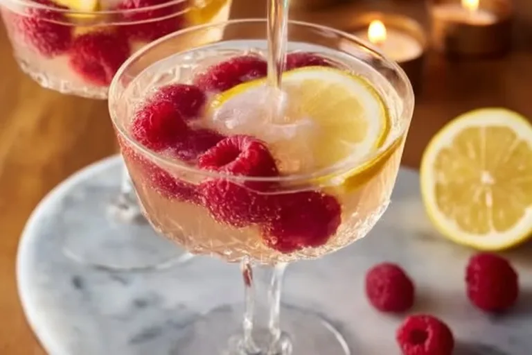 Refreshing Raspberry Lemon Mimosa cocktail with raspberries and lemon garnish.