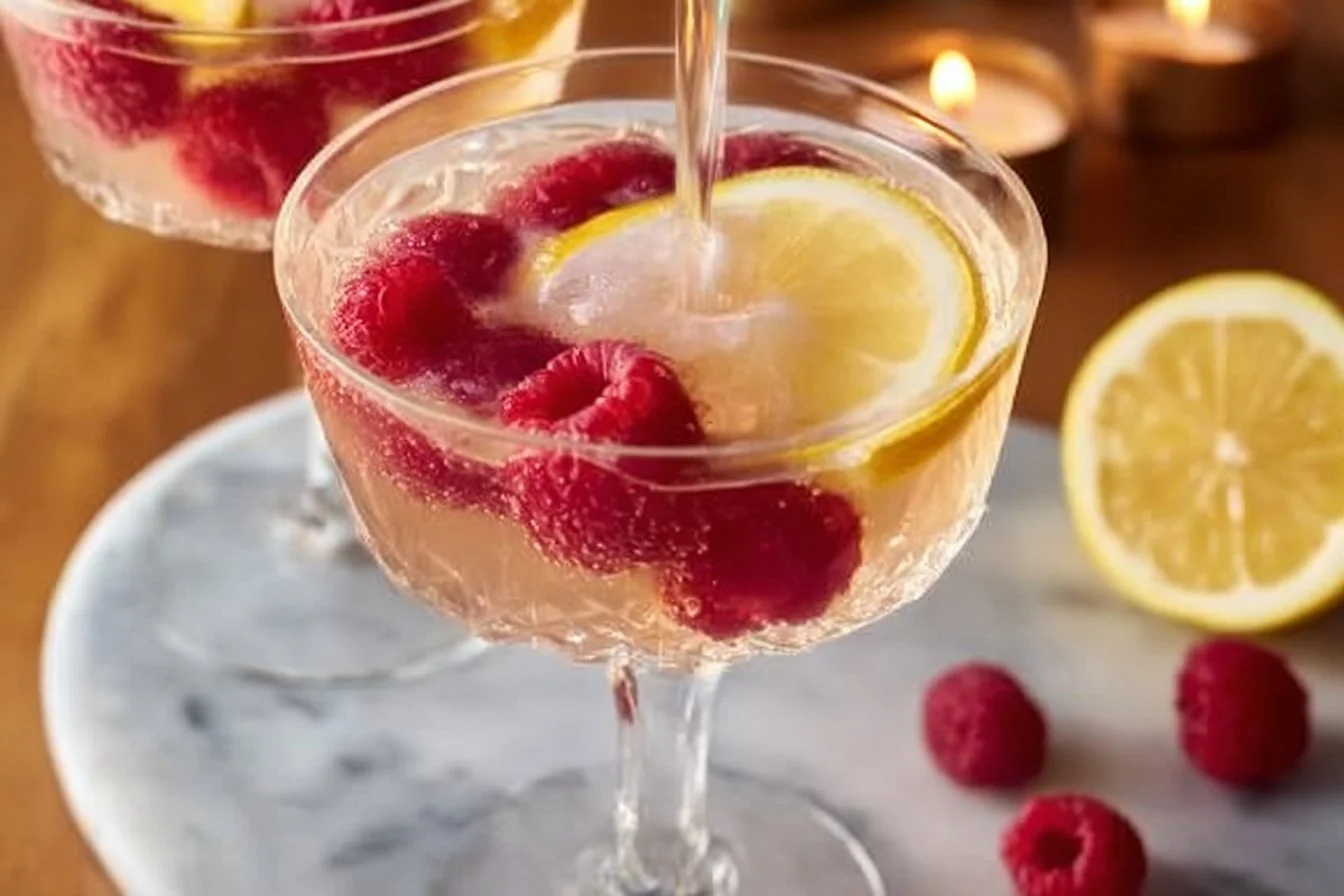 Refreshing Raspberry Lemon Mimosa cocktail with raspberries and lemon garnish.