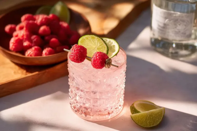 Delicious Raspberry Margarita served in a cocktail glass with fresh raspberries.