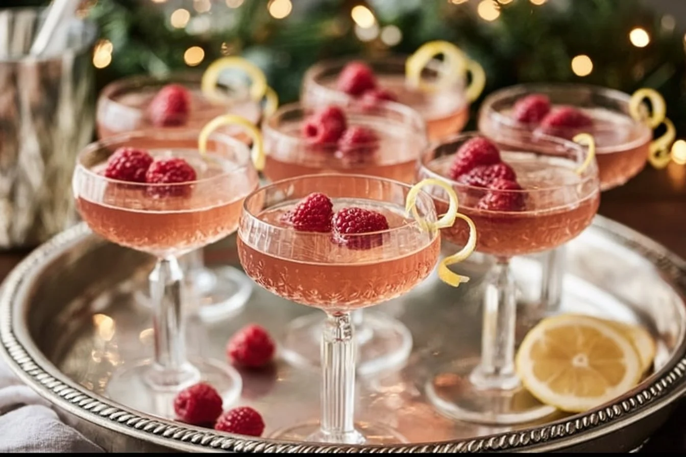 Raspberry Prosecco cocktail garnished with fresh raspberries in a glass