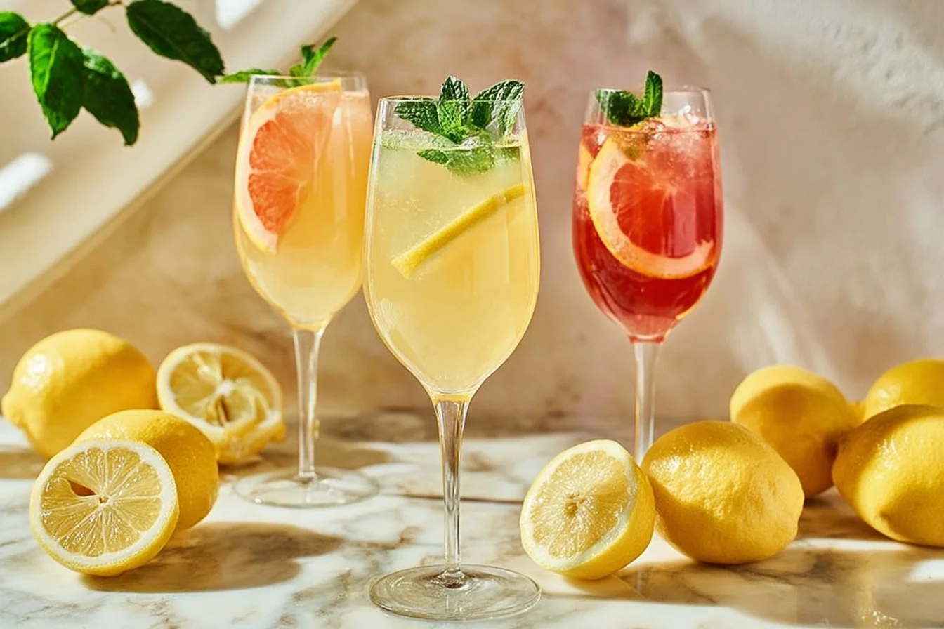 Chilled glass of refreshing Prosecco cocktail garnished with fruits