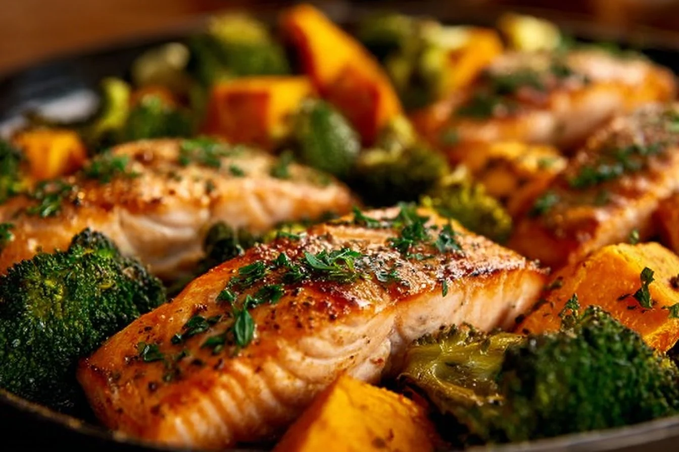 Sheet-pan salmon with sweet potatoes and broccoli for a healthy dinner