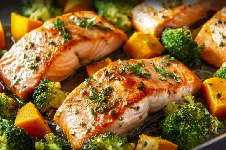 Sheet-pan salmon with roasted sweet potatoes and broccoli dinner