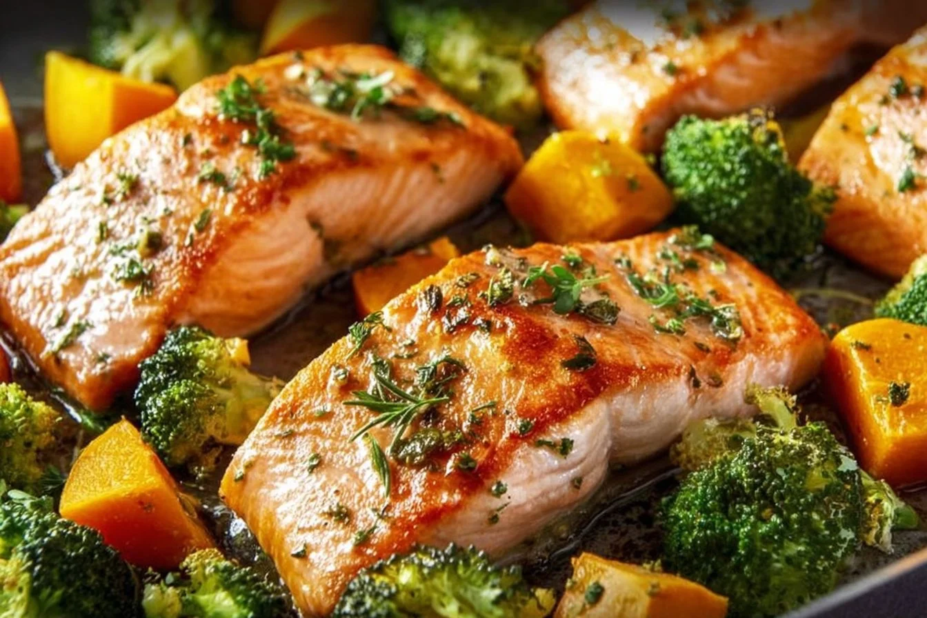 Sheet-pan salmon with roasted sweet potatoes and broccoli dinner