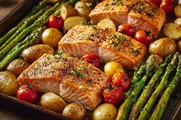 Sheet pan salmon with colorful vegetables ready to serve.