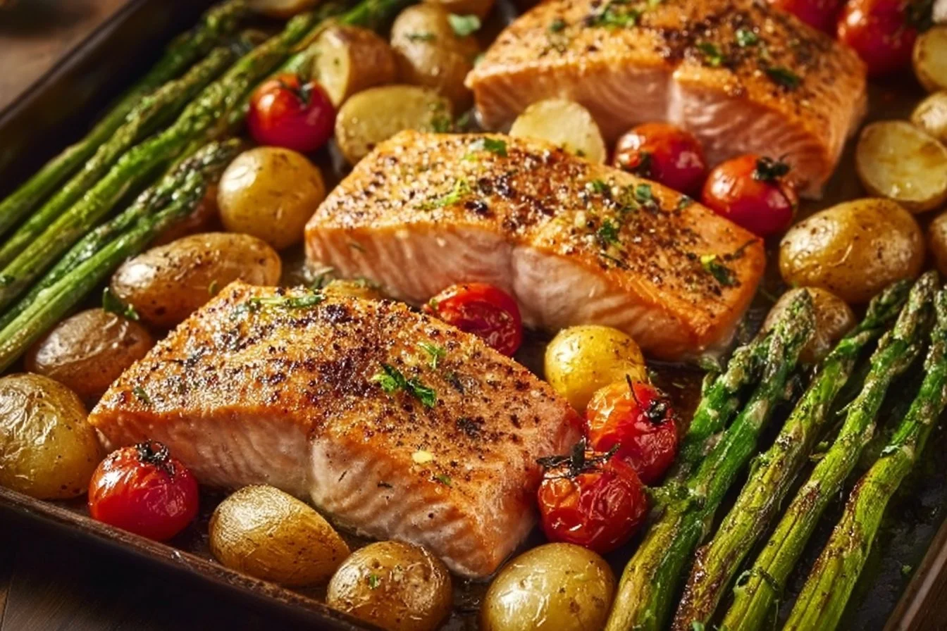 Sheet pan salmon with colorful vegetables ready to serve.