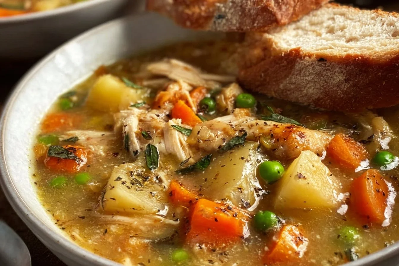Delicious slow cooker chicken stew with vegetables in a bowl